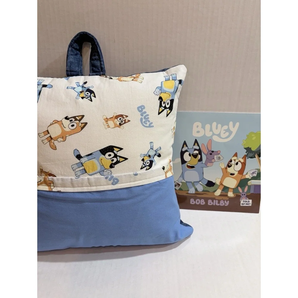 Hand Crafted Bluey Kids Book Pillow  w/Bluey reading book Blue/White 13in x 13in